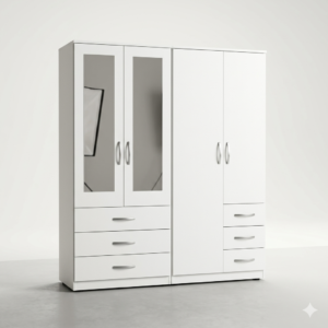 Premium 4-Door White Wardrobe Combination System with 2 Mirrors and 6 Drawers – Grand Freestanding Bedroom Closet