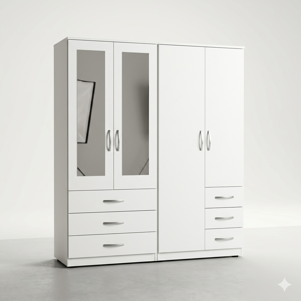 Premium 4-Door White Wardrobe Combination System with 2 Mirrors and 6 Drawers – Grand Freestanding Bedroom Closet