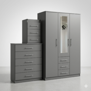 Premium 3-Piece Grey Bedroom Furniture Set – 3-Door Mirrored Wardrobe, 5-Drawer Chest, and 3-Drawer Bedside Table