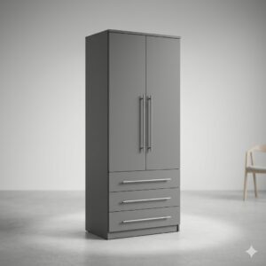Modern 2-Door Dark Grey Wardrobe with 3 Drawers – Luxury Matte Freestanding Bedroom Closet