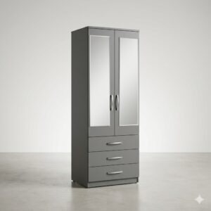 Modern 2-Door Grey Mirrored Wardrobe with 3 Drawers – Premium Freestanding Closet