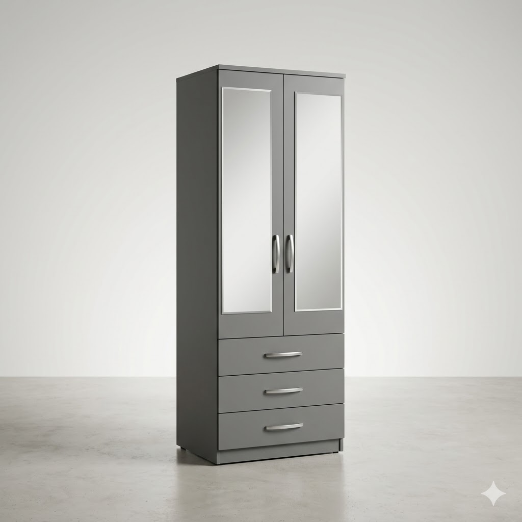 Modern 2-Door Grey Mirrored Wardrobe with 3 Drawers – Premium Freestanding Closet