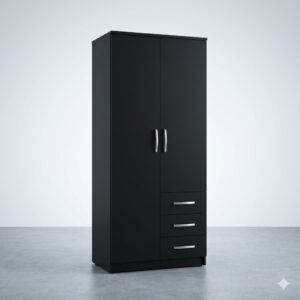 Modern 2-Door Black Wardrobe with 3 Drawers – Premium Matte Freestanding Bedroom Closet