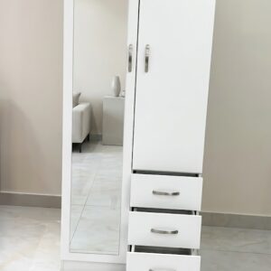 Modern 2-Door White Mirrored Wardrobe with 3 Drawers – Freestanding Storage Closet