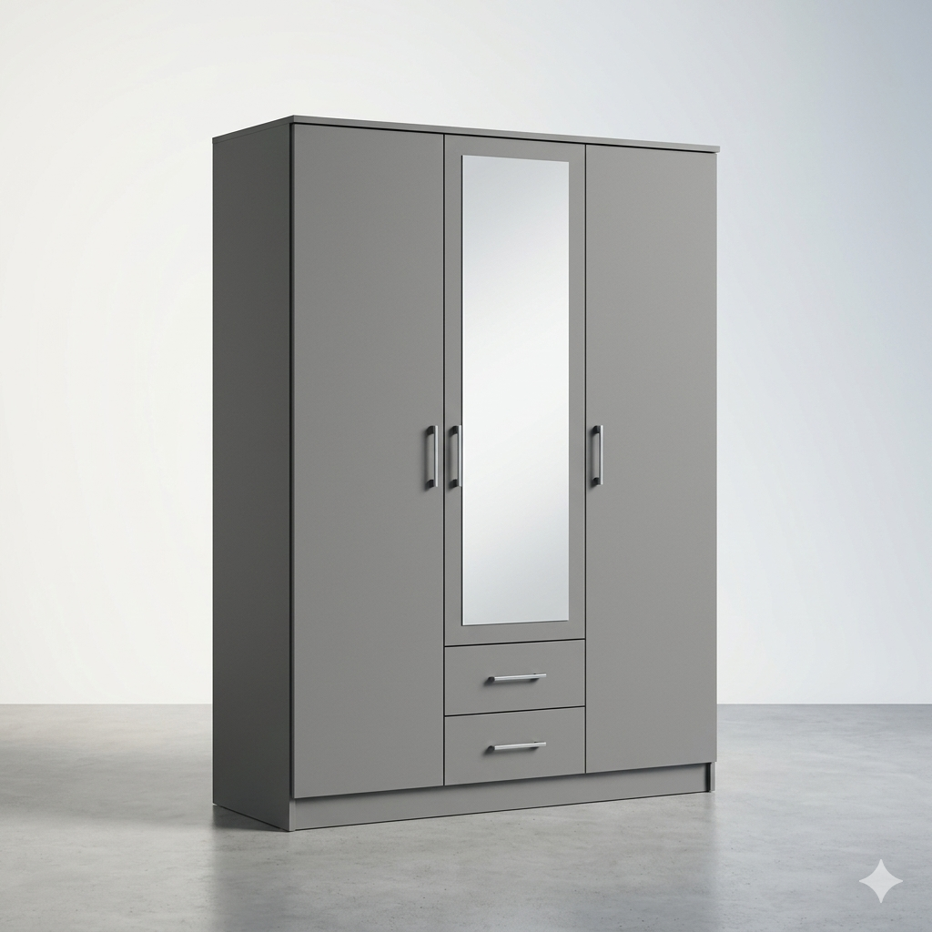 Premium 3-Door Grey Wardrobe with Mirror and 2 Drawers – Large Freestanding Bedroom Closet