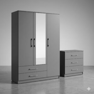 Premium 2-Piece Grey Bedroom Furniture Set – 3-Door Mirrored Wardrobe with 2 Drawers and Matching 3-Drawer Chest