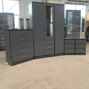 Premium 4-Piece Grey Bedroom Furniture Set – 3-Door Mirrored Wardrobe, 5-Drawer Chest, and Two 3-Drawer Bedside Tables