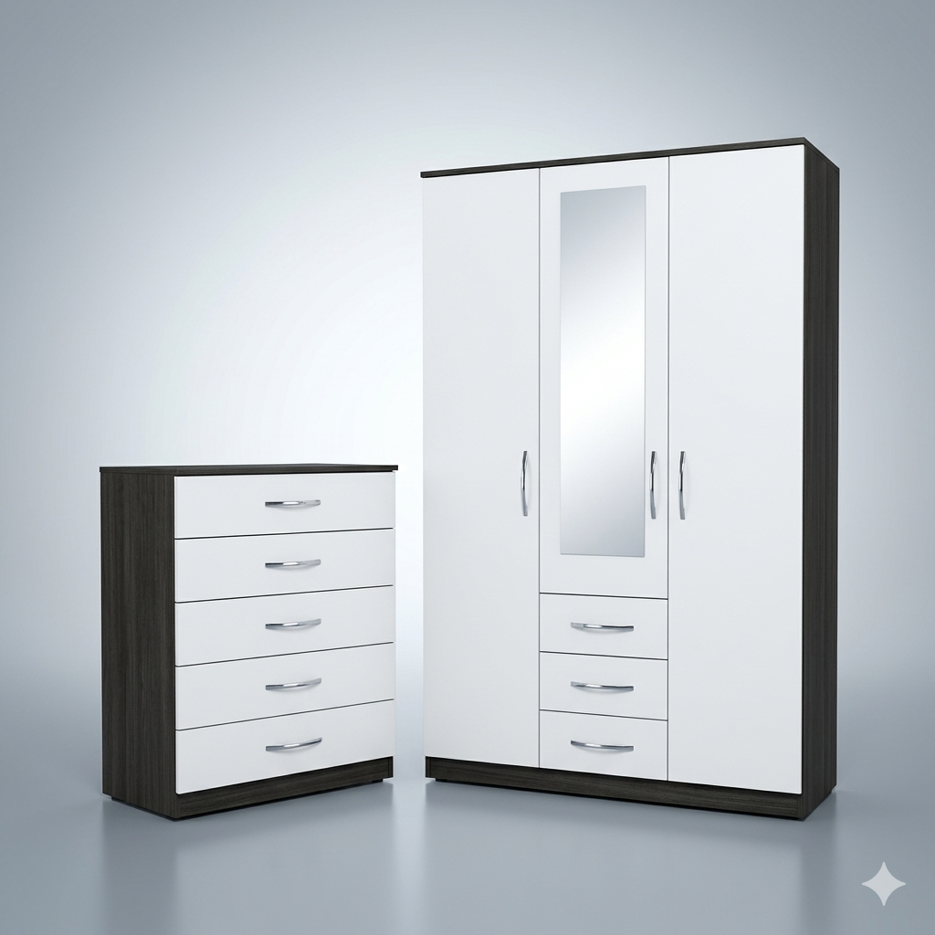 Premium 2-Piece White and Dark Wood-Grain Bedroom Furniture Set – 3-Door Mirrored Wardrobe with 3 Drawers and Matching 5-Drawer Chest