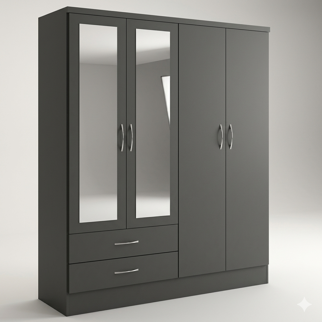 Luna 4 Door Mirrored Wardrobe with 2 Drawers – Graphite Grey