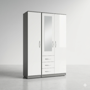 Premium 3-Door White and Grey Wardrobe with Mirror and 3 Drawers