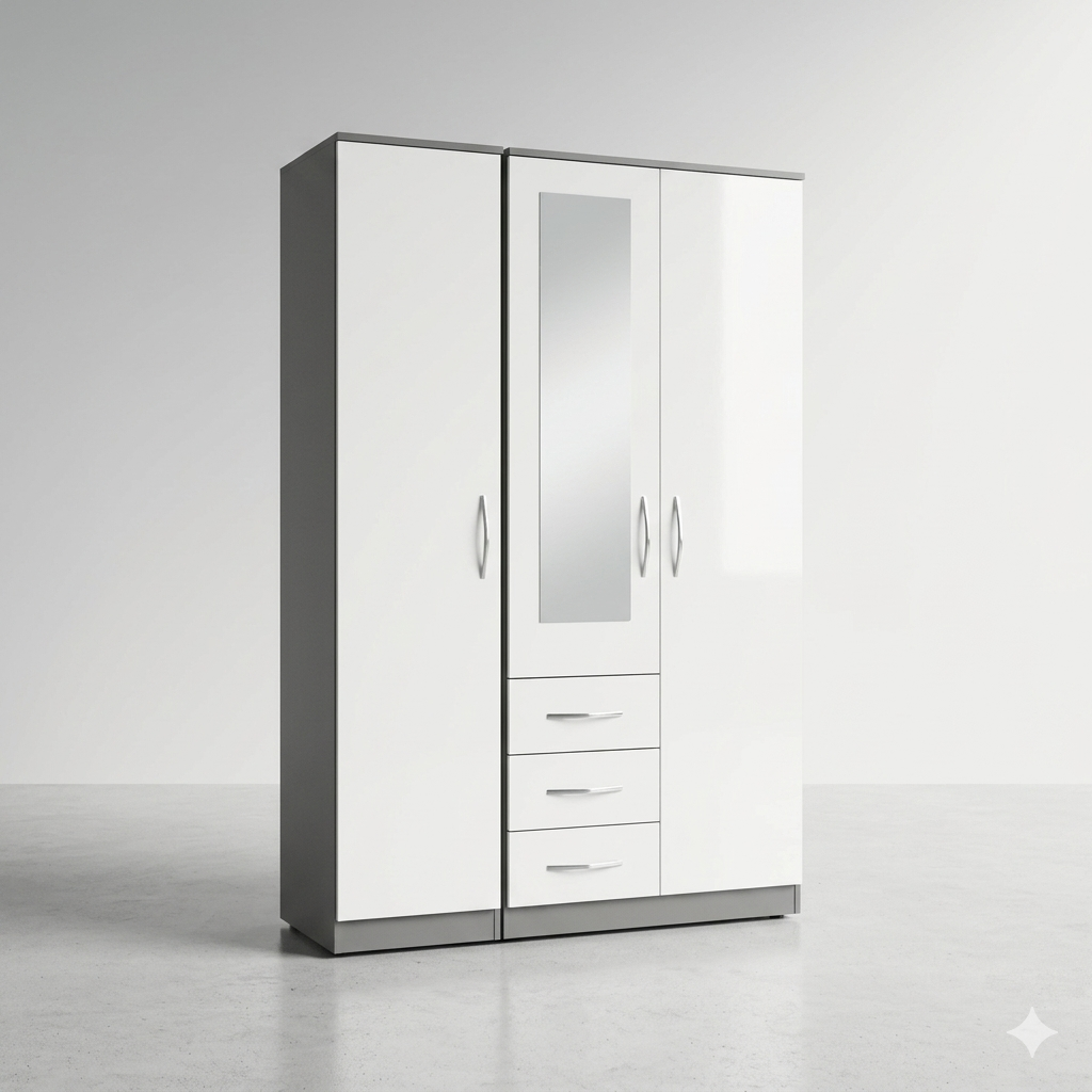 Premium 3-Door White and Grey Wardrobe with Mirror and 3 Drawers