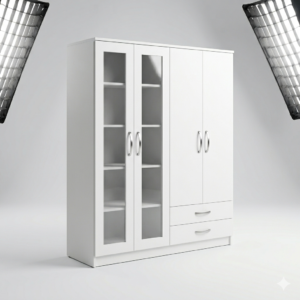 4-Door White Wardrobe with Glass Display & Drawers | COD