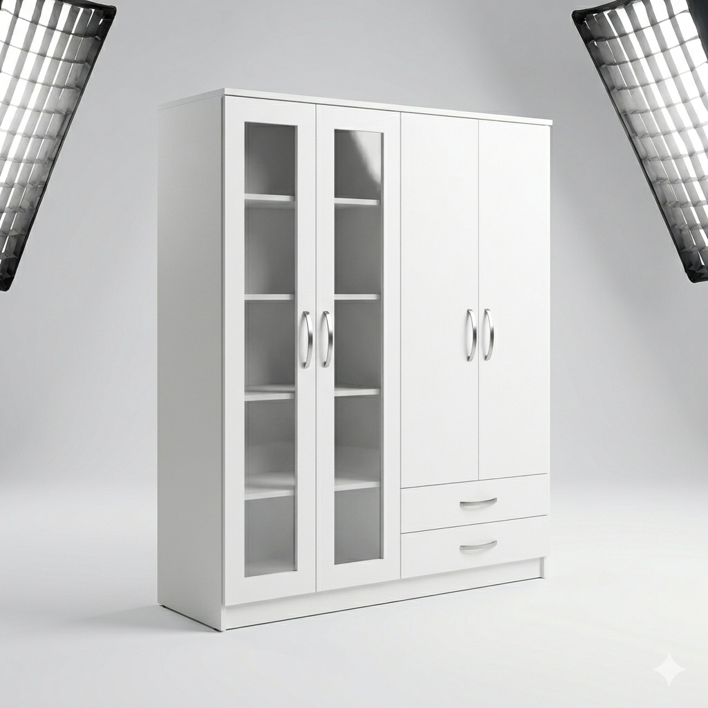 4-Door White Wardrobe with Glass Display & Drawers | COD