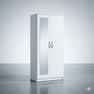 Premium 2-Door White Mirrored Wardrobe – Elegant Freestanding Bedroom Closet
