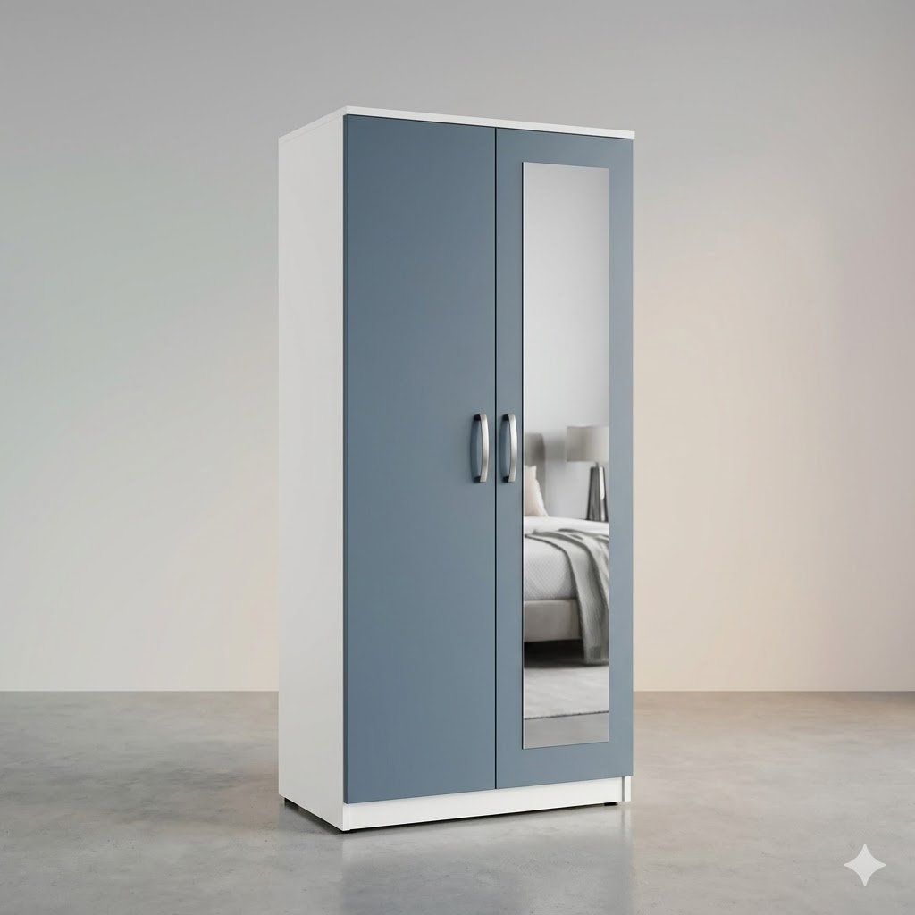 Premium 2-Door Blue and White Mirrored Wardrobe