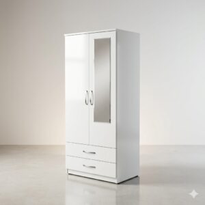 Premium 2-Door White Mirrored Wardrobe with 2 Drawers