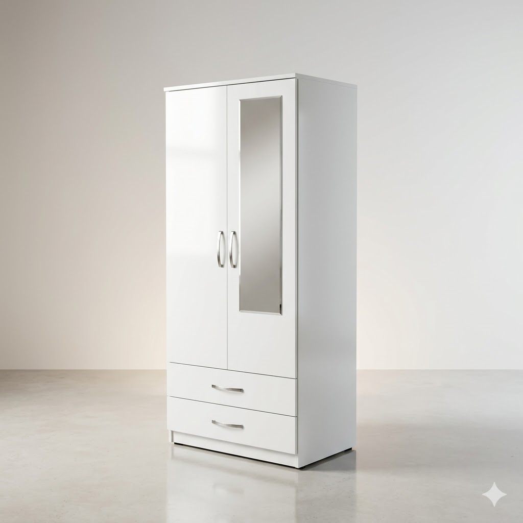 Premium 2-Door White Mirrored Wardrobe with 2 Drawers
