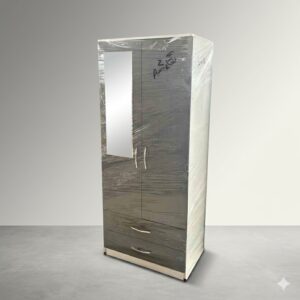 Premium 2-Door Grey Wood-Grain Wardrobe with Mirror and 2 Drawers