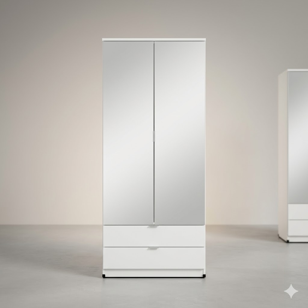 Premium 2-Door Full Mirrored Wardrobe with 2 Drawers