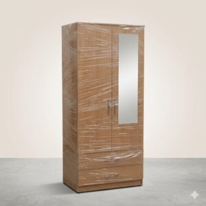 Premium 2-Door Oak Wood-Grain Wardrobe with Mirror and 2 Drawers