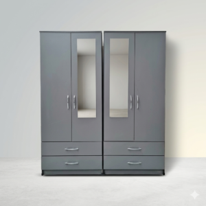 4-Door Grey Wardrobe | Fully Assembled Mirrored Closet | COD