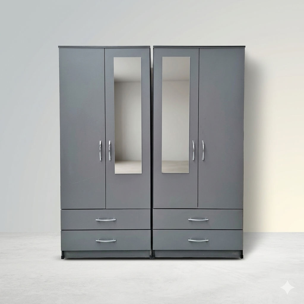 4-Door Grey Wardrobe | Fully Assembled Mirrored Closet | COD