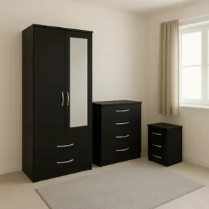 The Aura Premium 2-Door Mirrored Wardrobe with Drawers (Matte Black)